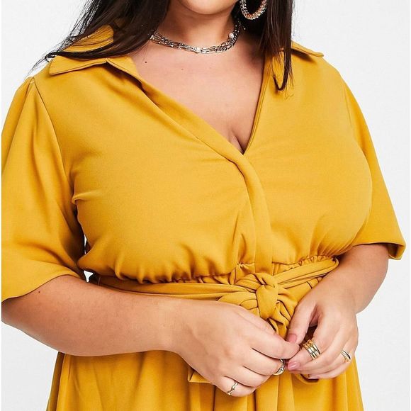 ASOS Curve Mustard Yellow Tie Waist Dress With Ballon Cropped Sleeves - Picture 4 of 8
